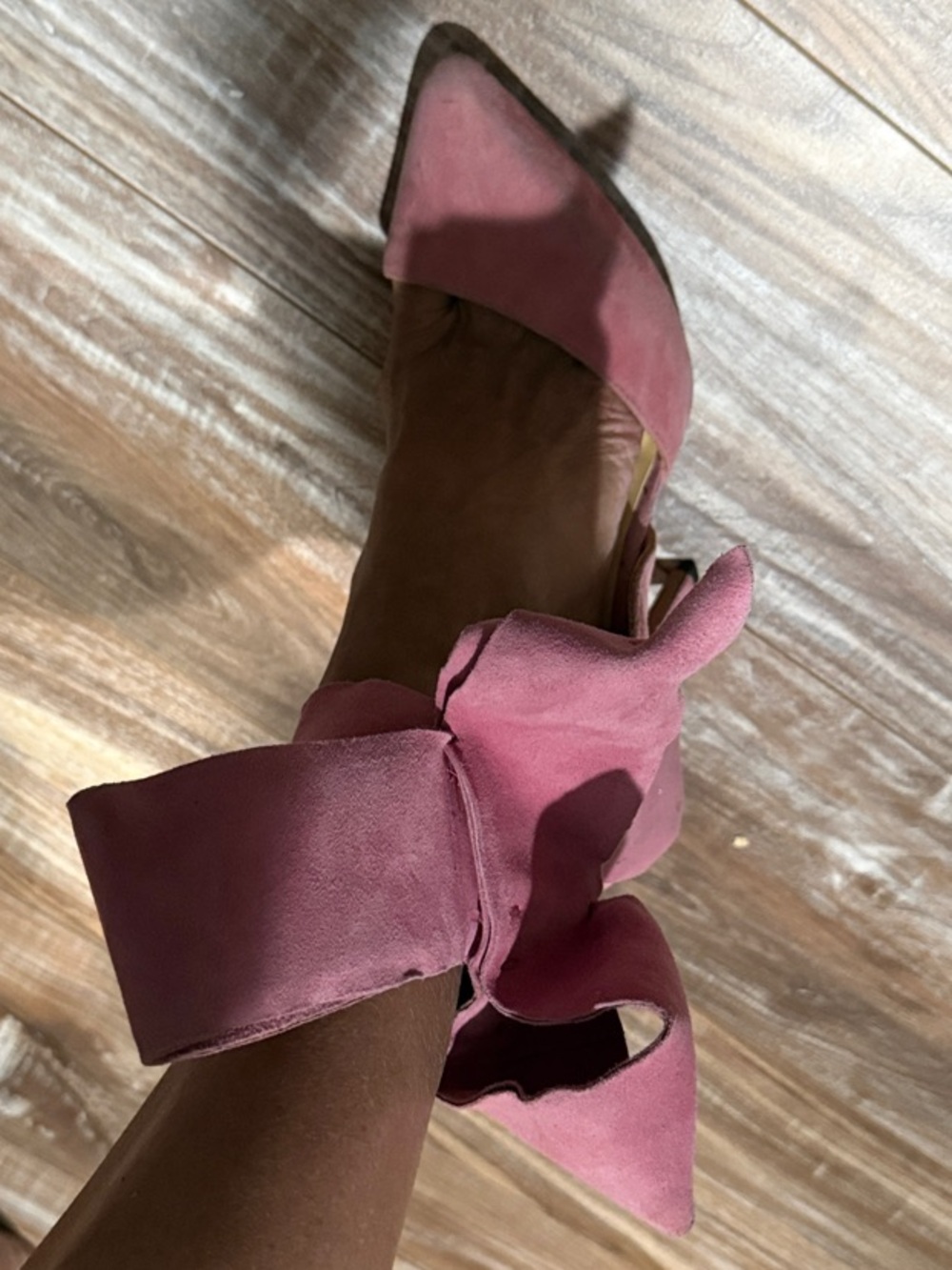Bow-Tie Pointed Toe Ankle-Strap Heels in Dusty Pink